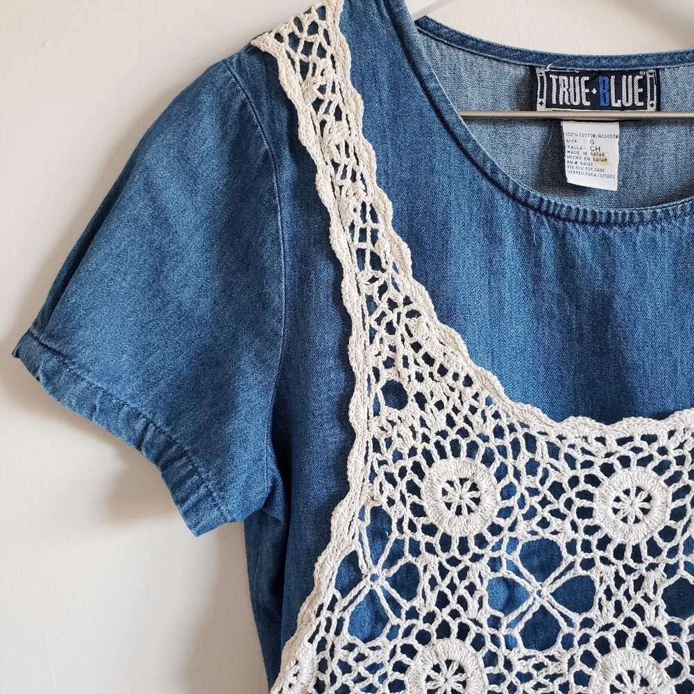 Vintage Cottage Chambray Crochet Lace Dress - Picture 3 of 9